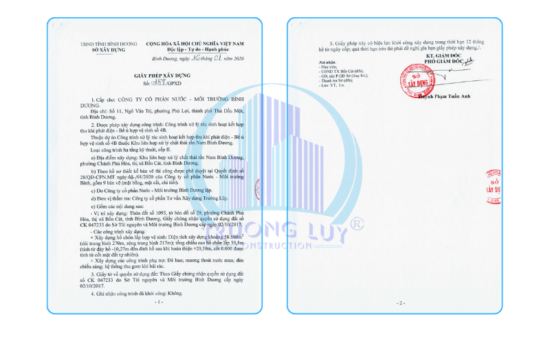 Giấy phép xây dựng công trình xử lý rác sinh hoạt kết hợp thu khí phát điện - Bể ủ hợp vệ sinh số 4B - Thủ Dầu Một