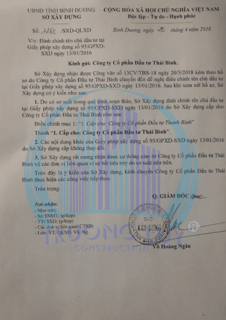 Điều chỉnh giấy phép xây dựng công ty cổ phần đầu tư Thái Bình